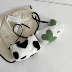 Women Plush Faux Fur Cow Pattern Messenger Bag Autumn Lady Small Shoulder Bag