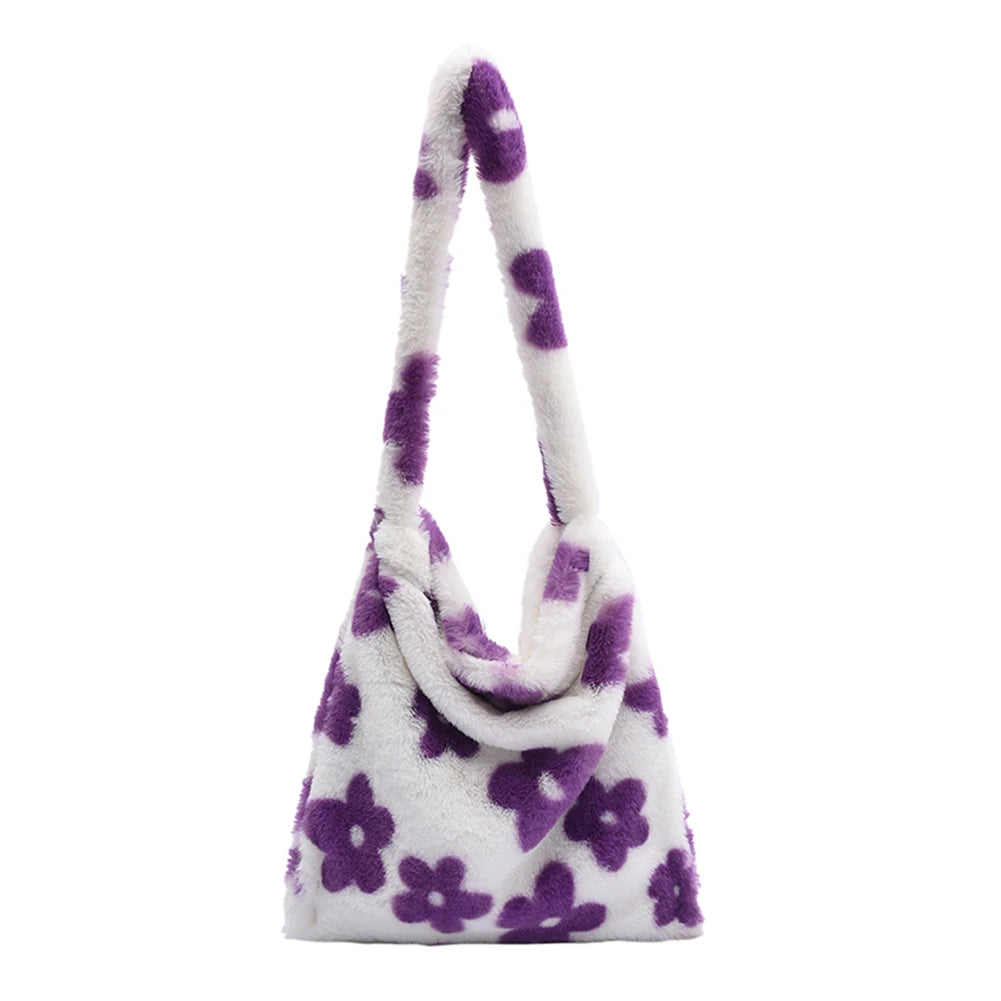 Women Plush Flower Pattern Shoulder Bag Winter Warm Fabric Shopping Bags