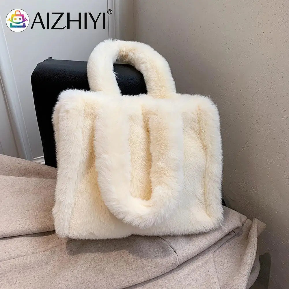 Women Plush Fur Solid Buckle Handbag Lady Winter Casual Mini Top-handle Bag