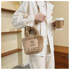 Women Plush Handbags Winter Bucket Shoulder Bag Messenger Purse