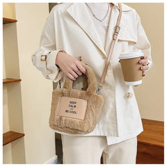 Women Plush Handbags Autumn And Winter Bucket Shoulder Bag Letter Messenger Bag