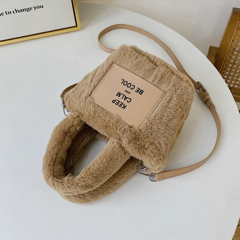 Women Plush Handbags Winter Bucket Shoulder Bag Messenger Purse