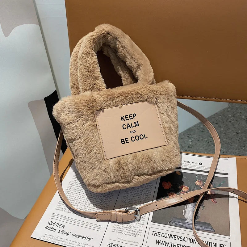 Women Plush Handbags Winter Bucket Shoulder Bag Messenger Purse