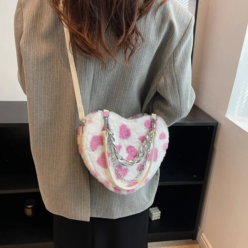 Women Plush Love Pattern Shoulder Bag Female Thick Chains Bags Y2K