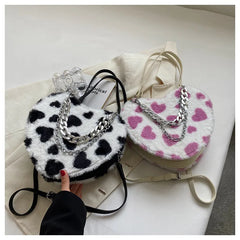 Women Plush Love Pattern Shoulder Bag Female Thick Chains Bags Y2K