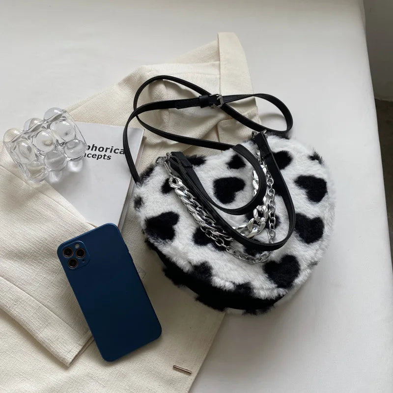 Women Plush Love Pattern Shoulder Bag Female Thick Chains Bags Y2K