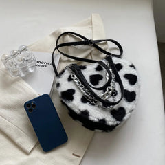 Women Plush Love Pattern Shoulder Bag Female Thick Chains Bags Y2K