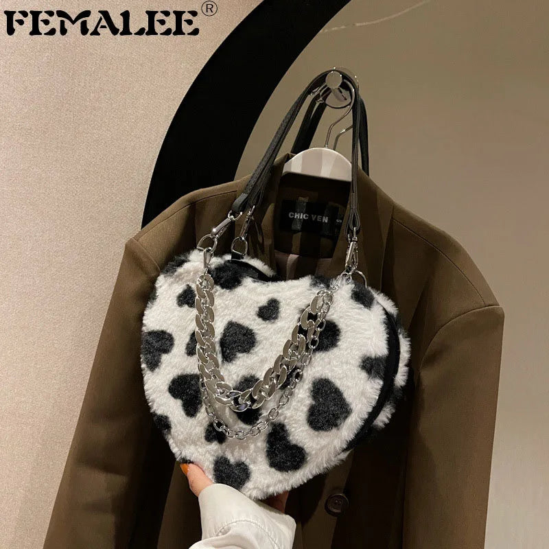 Women Plush Love Pattern Shoulder Bag Female Thick Chains Bags Y2K