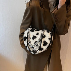 Women Plush Love Pattern Shoulder Bag Female Thick Chains Bags Y2K