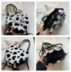 Women Plush Love Pattern Shoulder Bag Female Thick Chains Bags Y2K