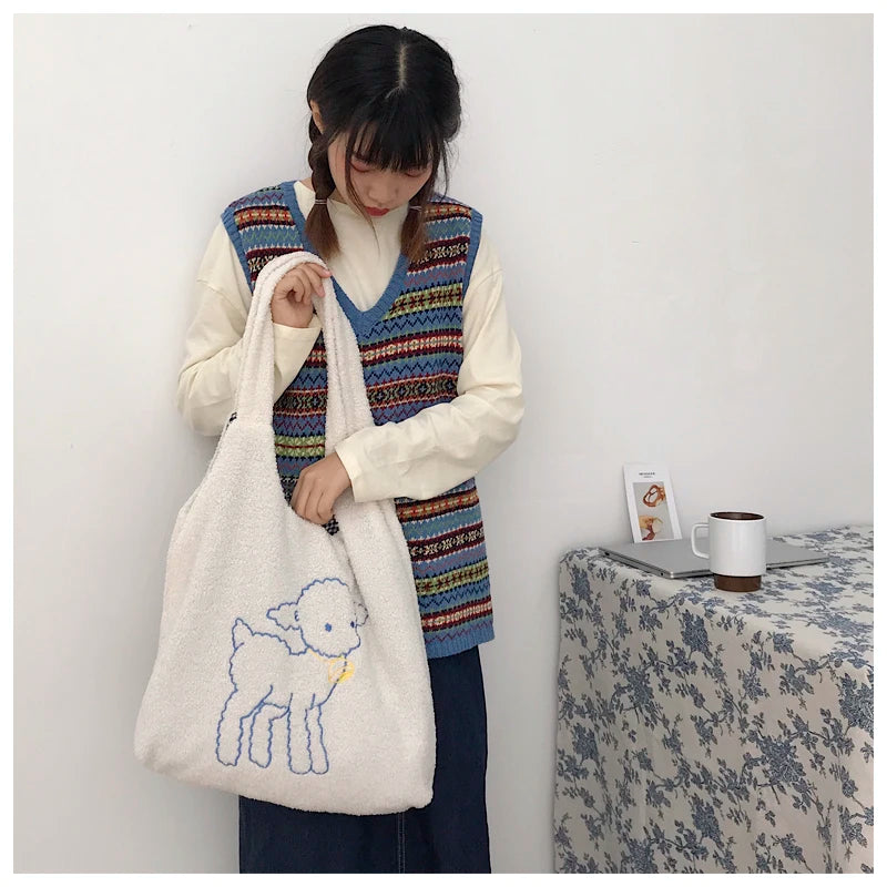 Women Plush Sheep Handbags Girl Lamb Like Fabric Shoulder Bag