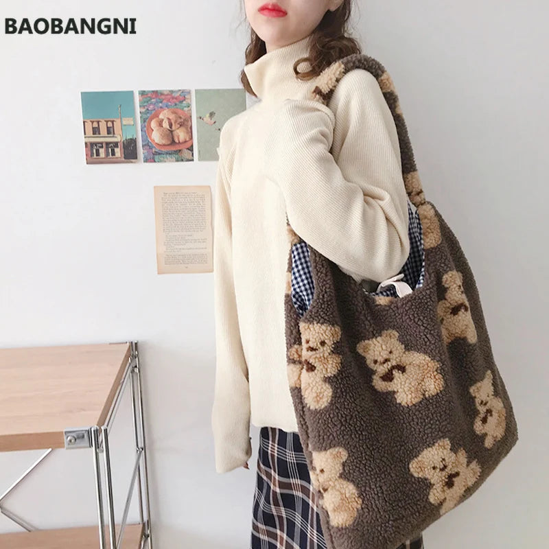 Plush Shoulder Bag Soft Canvas Tote Large Capacity Shopping Bags for Ladies