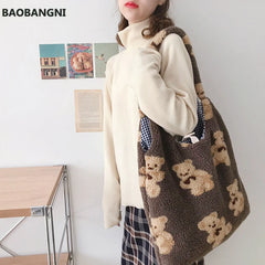 Plush Shoulder Bag Soft Canvas Tote Large Capacity Shopping Bags for Ladies