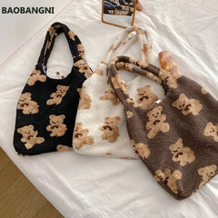 Plush Shoulder Bag Soft Canvas Tote Large Capacity Shopping Bags for Ladies