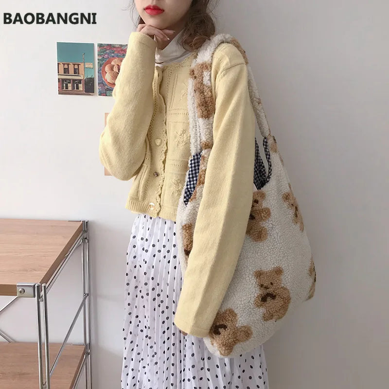 Plush Shoulder Bag Soft Canvas Tote Large Capacity Shopping Bags for Ladies