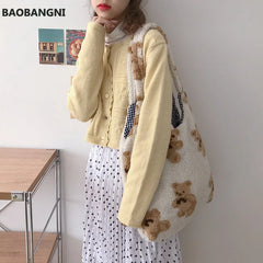 Plush Shoulder Bag Soft Canvas Tote Large Capacity Shopping Bags for Ladies