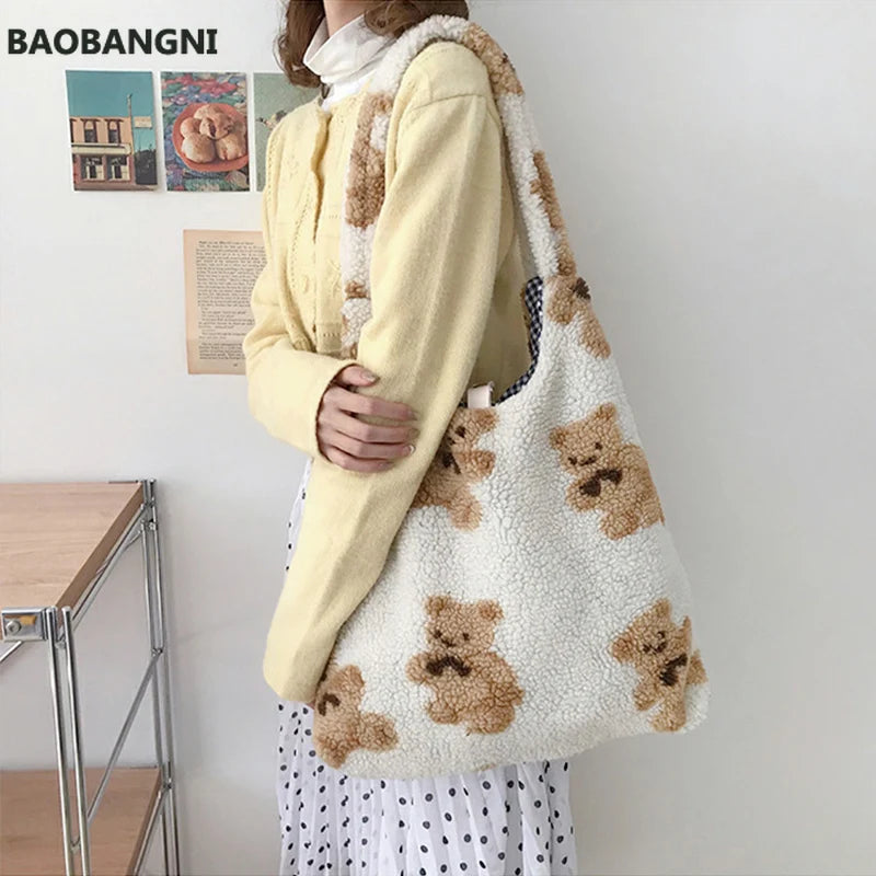 Plush Shoulder Bag Soft Canvas Tote Large Capacity Shopping Bags for Ladies