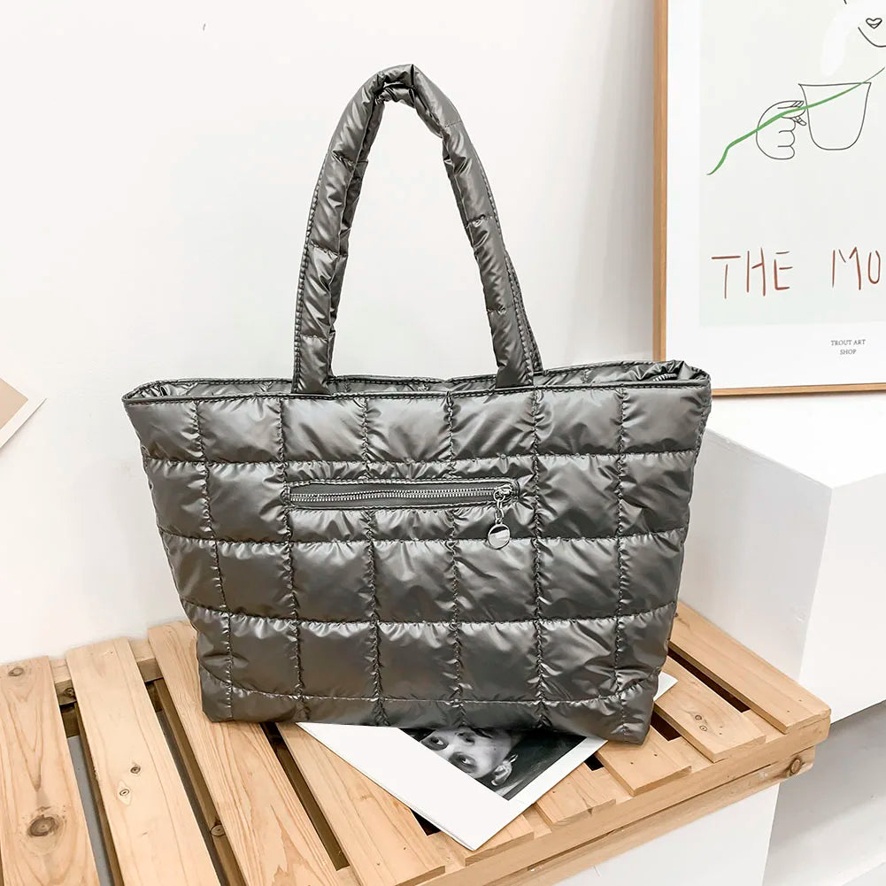 Women Quilted Lattice Shoulder Bag Vintage Solid Nylon Large Tote Handbags