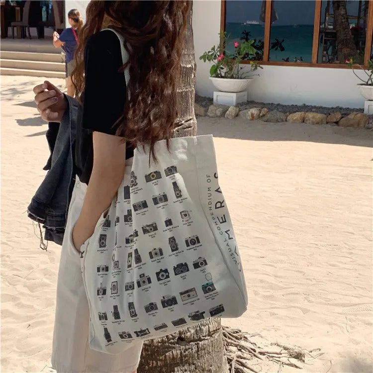Women Retro Camera Shoes Canvas Shoulder Bag Cotton Cloth Fabric Shopper Bags