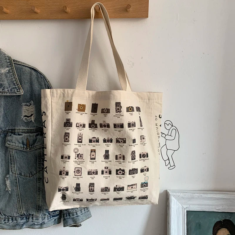 Women Retro Camera Shoes Canvas Shoulder Bag Cotton Cloth Fabric Shopper Bags