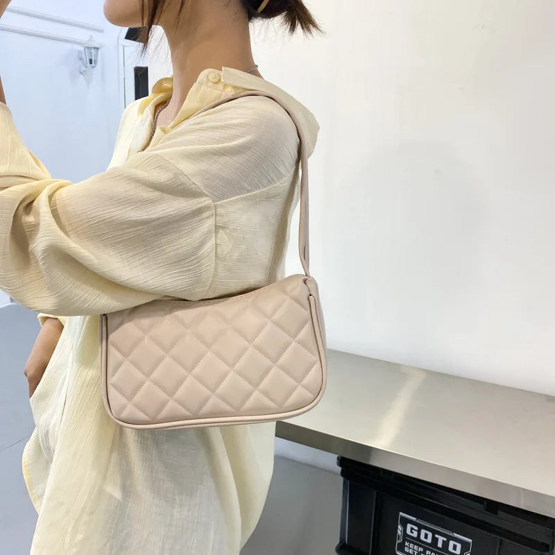 Vintage PU Leather Shoulder Bag with Diamond Lattice Top Handle