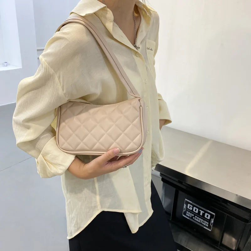 Vintage PU Leather Shoulder Bag with Diamond Lattice Top Handle