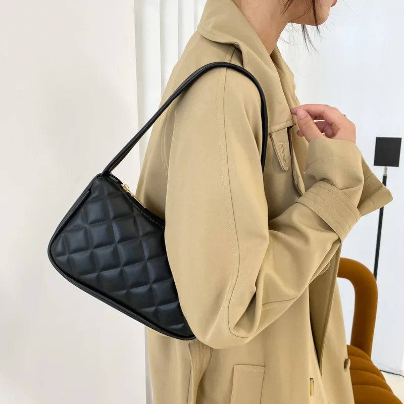 Vintage PU Leather Shoulder Bag with Diamond Lattice Top Handle