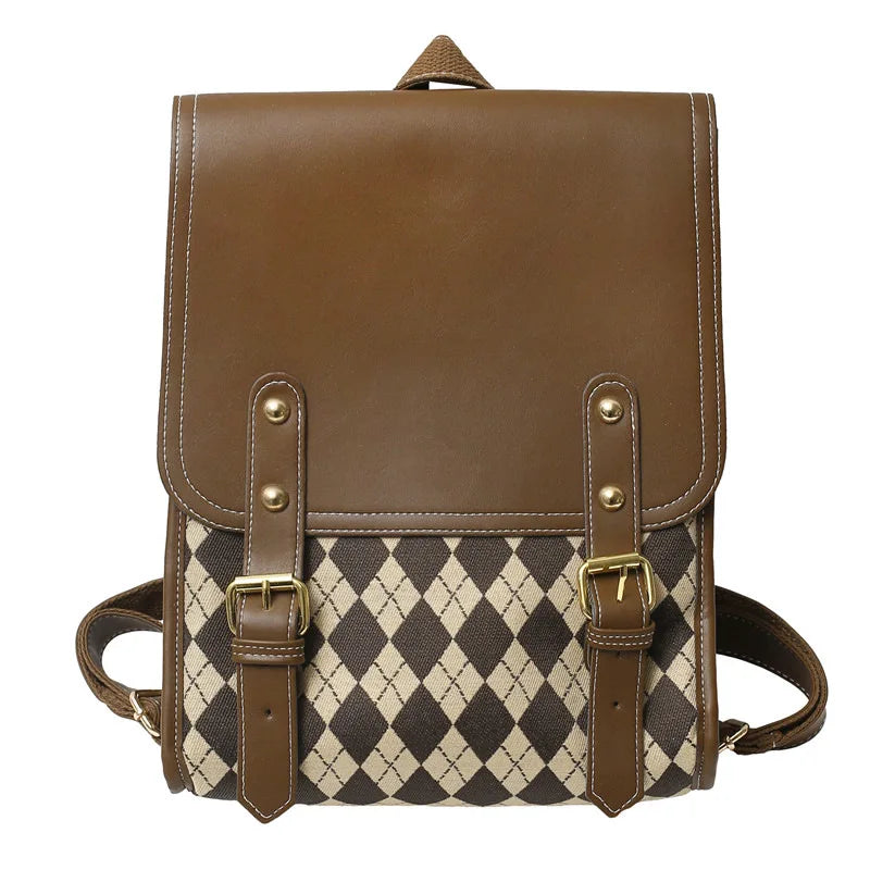 Women Retro Pu Plaid Backpack Large Capacity Student Magnetic Buckle School Bag