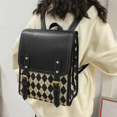 Women Retro Pu Plaid Backpack Large Capacity Student Magnetic Buckle School Bag