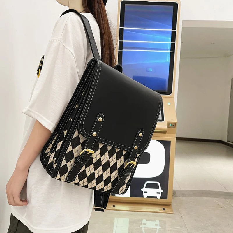 Women Retro Pu Plaid Backpack Large Capacity Student Magnetic Buckle School Bag