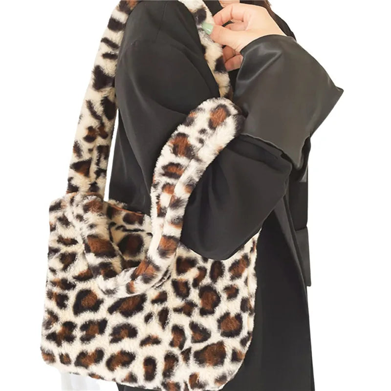 Women Retro Shoulder Bag Plaid/Zebra/Leopard Soft Plush Handbag