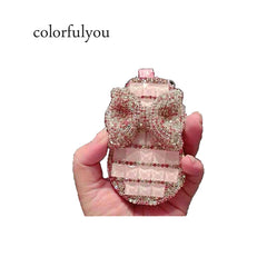 Women Rhinestone Bow Pattern Key Bag Diamonds Leather Key Holder Pink
