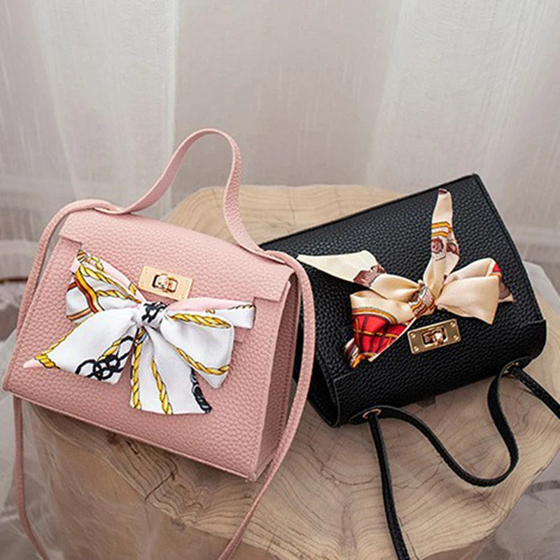 Women Ribbon Bow Mini Flap Hangbag Wallet Shoulder Bag Totes with Scarf