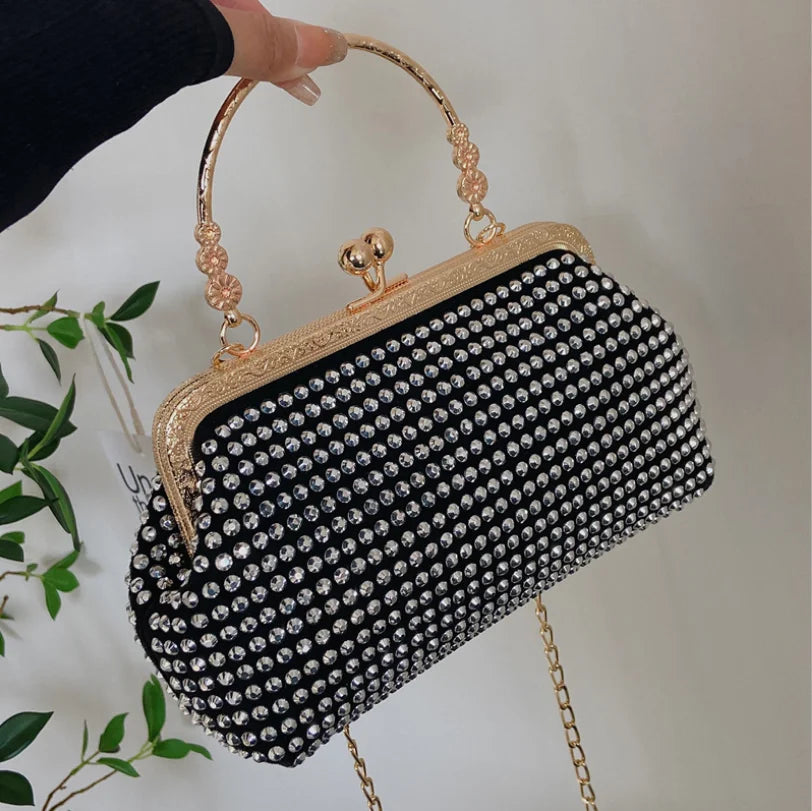 Women's Clip Buckle Chain Small Bag Diamond Handbag Evening Bag