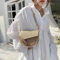 Women Saddle Bags Totes PU Leather Woven Patchwork Shoulder Messenger Bags