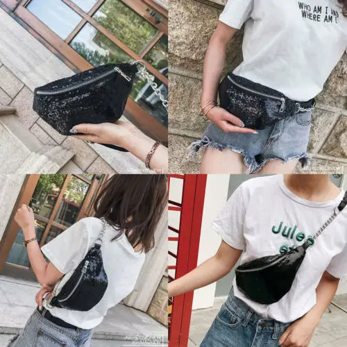 Sequin Fanny Pack Female Waist Bag Chest Pouch Shoulder Bag Glitter Belt Bags