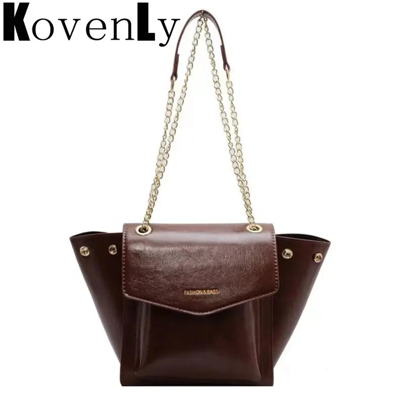 Leather Women's Tote Handbag with Metal Chain Crossbody Style