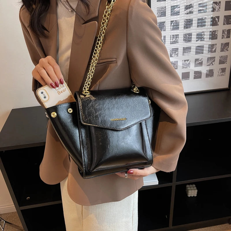 Leather Women's Tote Handbag with Metal Chain Crossbody Style