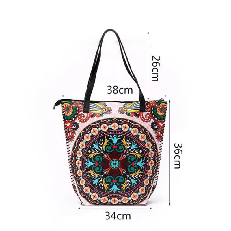 Women PU Leather Handbag Shoulder Bag Vintage Ethnic Style Tote Bag