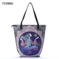Women PU Leather Handbag Shoulder Bag Vintage Ethnic Style Tote Bag