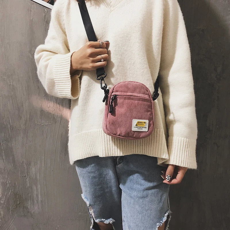 Small Corduroy Canvas Shoulder Bag Pink Crossbody Purse