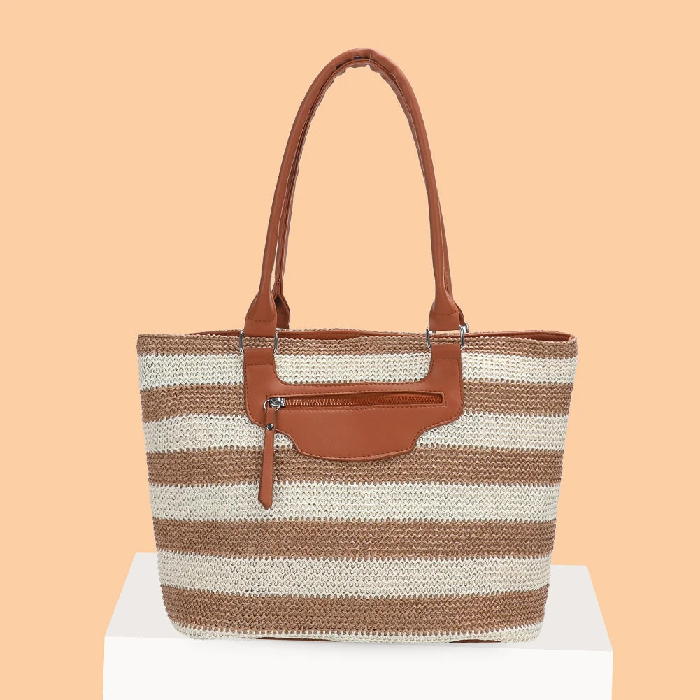 Striped Knit Women Shoulder Bag Large Capacity Handbag Tote with Zipper