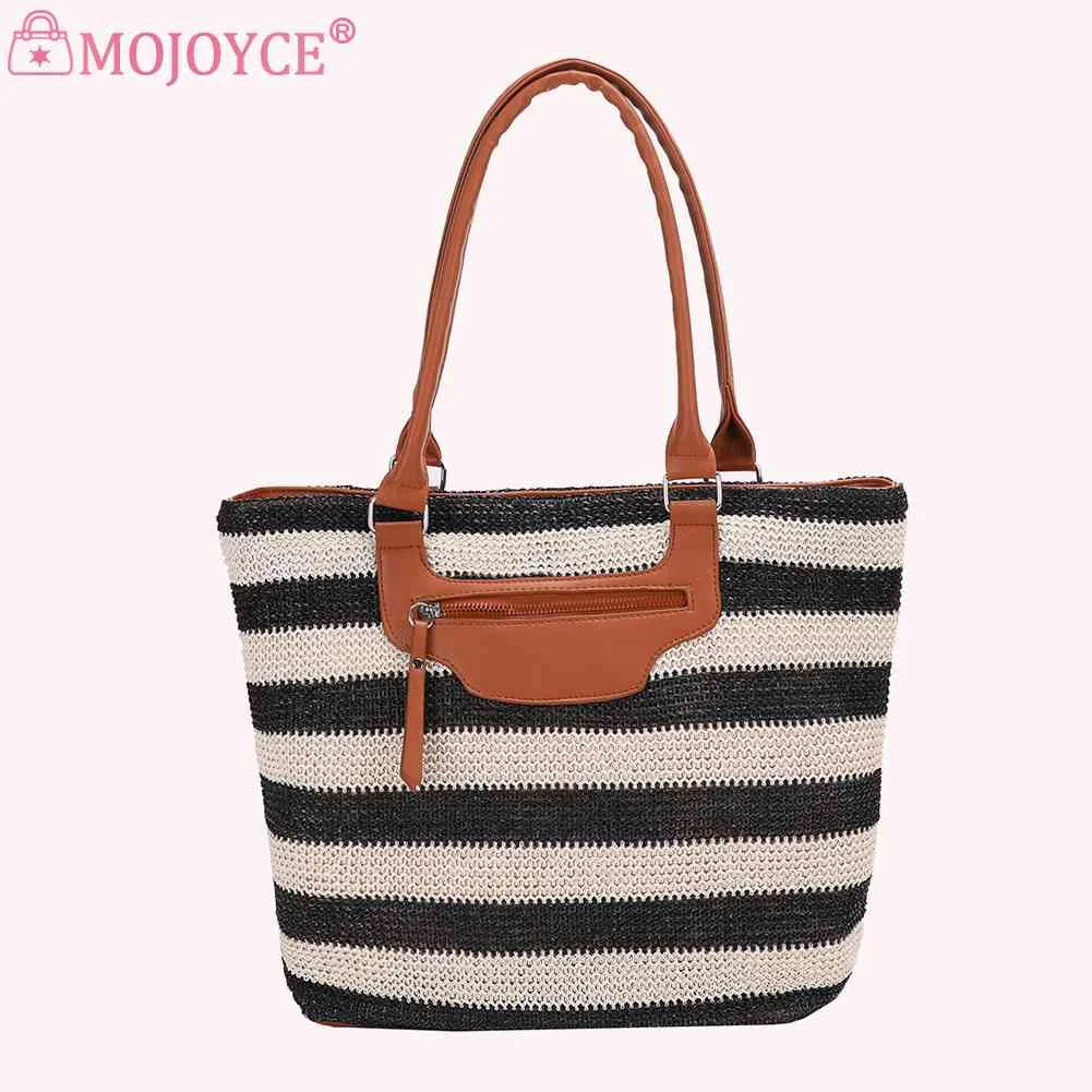 Striped Knit Women Shoulder Bag Large Capacity Handbag Tote with Zipper