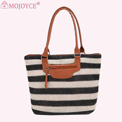 Striped Knit Women Shoulder Bag Large Capacity Handbag Tote with Zipper