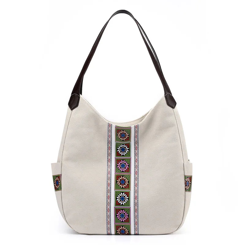 Embroidered Canvas Shoulder Bag Zipper Printed Women Handbag