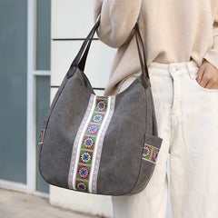 Embroidered Canvas Shoulder Bag Zipper Printed Women Handbag