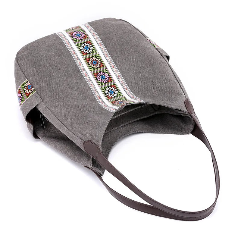 Embroidered Canvas Shoulder Bag Zipper Printed Women Handbag