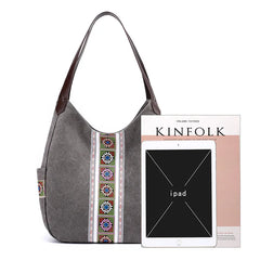 Embroidered Canvas Shoulder Bag Zipper Printed Women Handbag