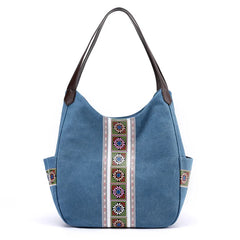 Embroidered Canvas Shoulder Bag Zipper Printed Women Handbag