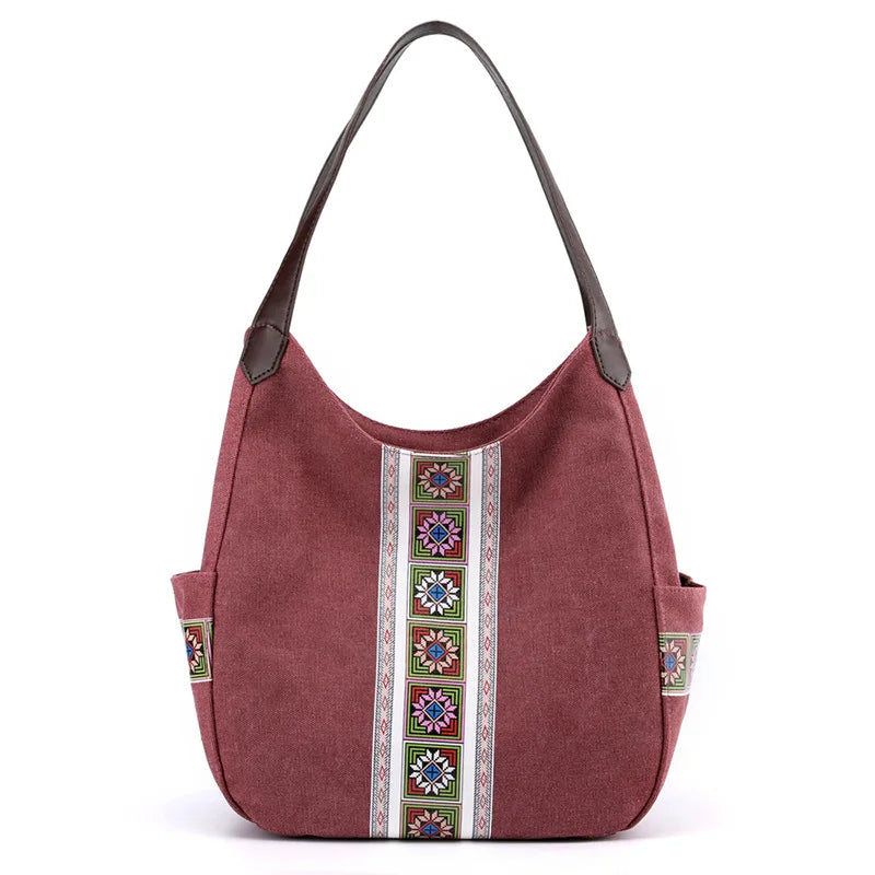 Embroidered Canvas Shoulder Bag Zipper Printed Women Handbag